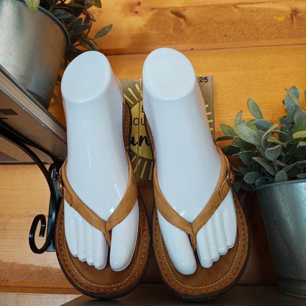 UGG Kamiko Tan Leather Thong Toe Post Wedge Heel Slide On Sandals F60014A Size 5